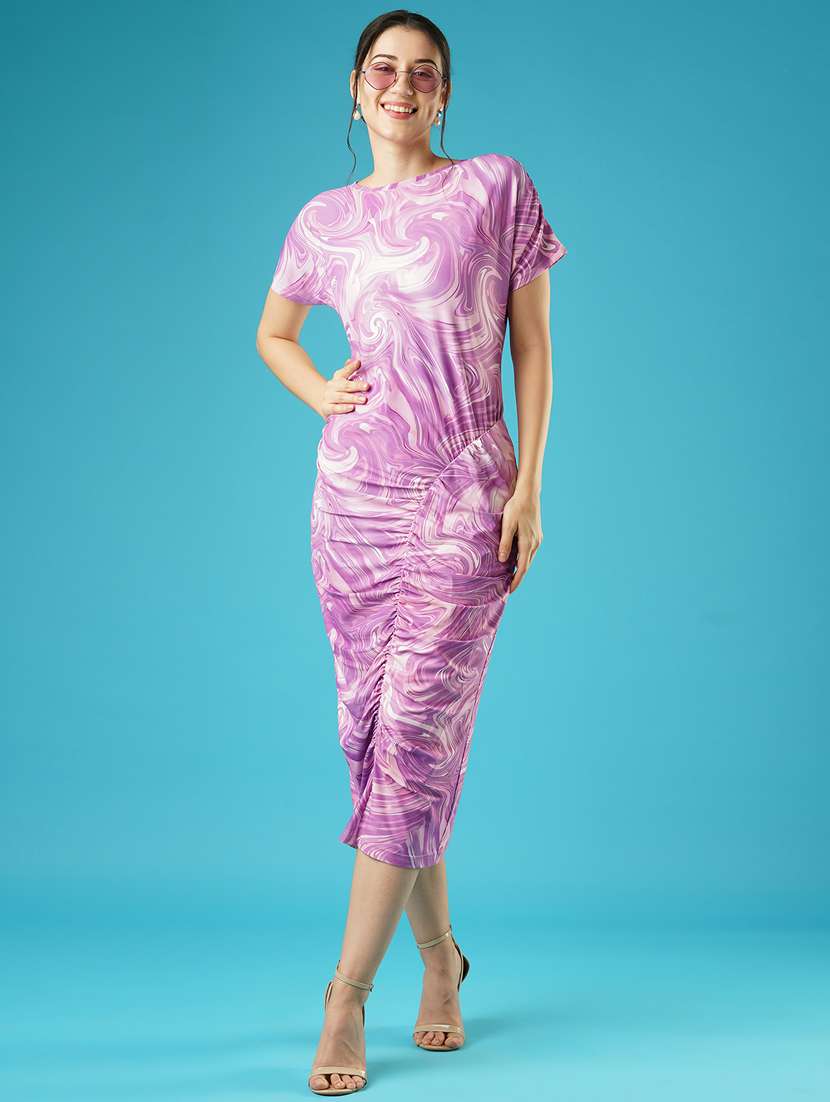 globus women lavender abstract printed round neck short sleeves ruched bodycon midi dress