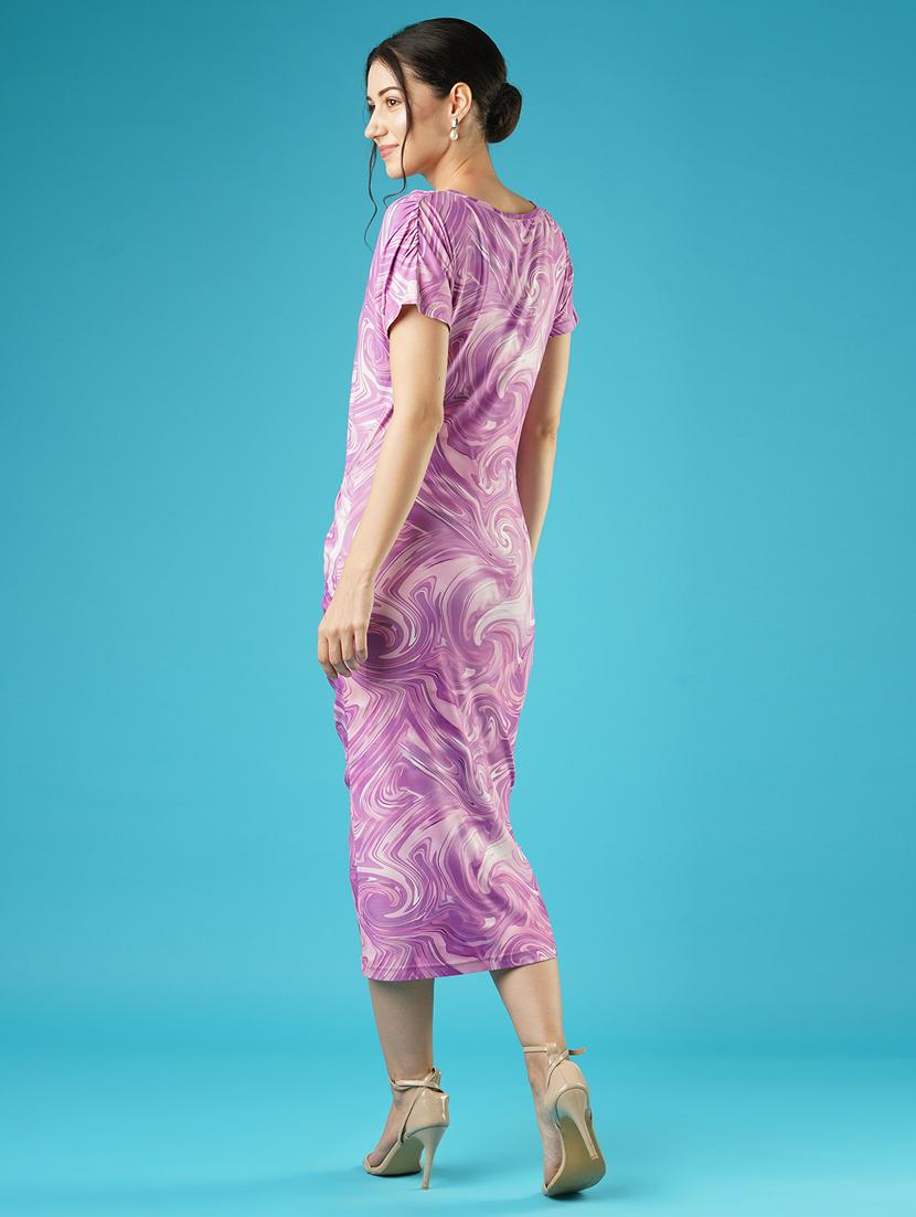 globus women lavender abstract printed round neck short sleeves ruched bodycon midi dress - 21378997 - Standard Image - 2