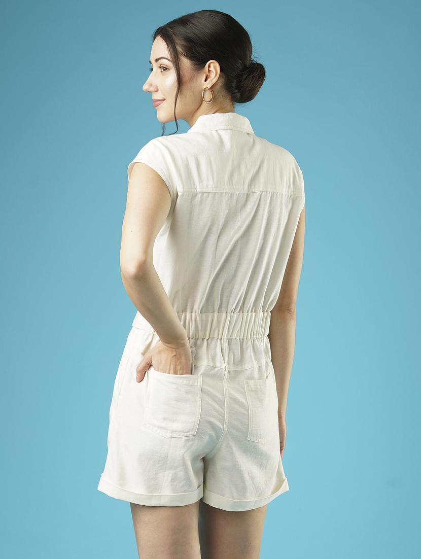 globus women white solid shirt collar stand extended sleeve playsuit - 21379003 - Standard Image - 2