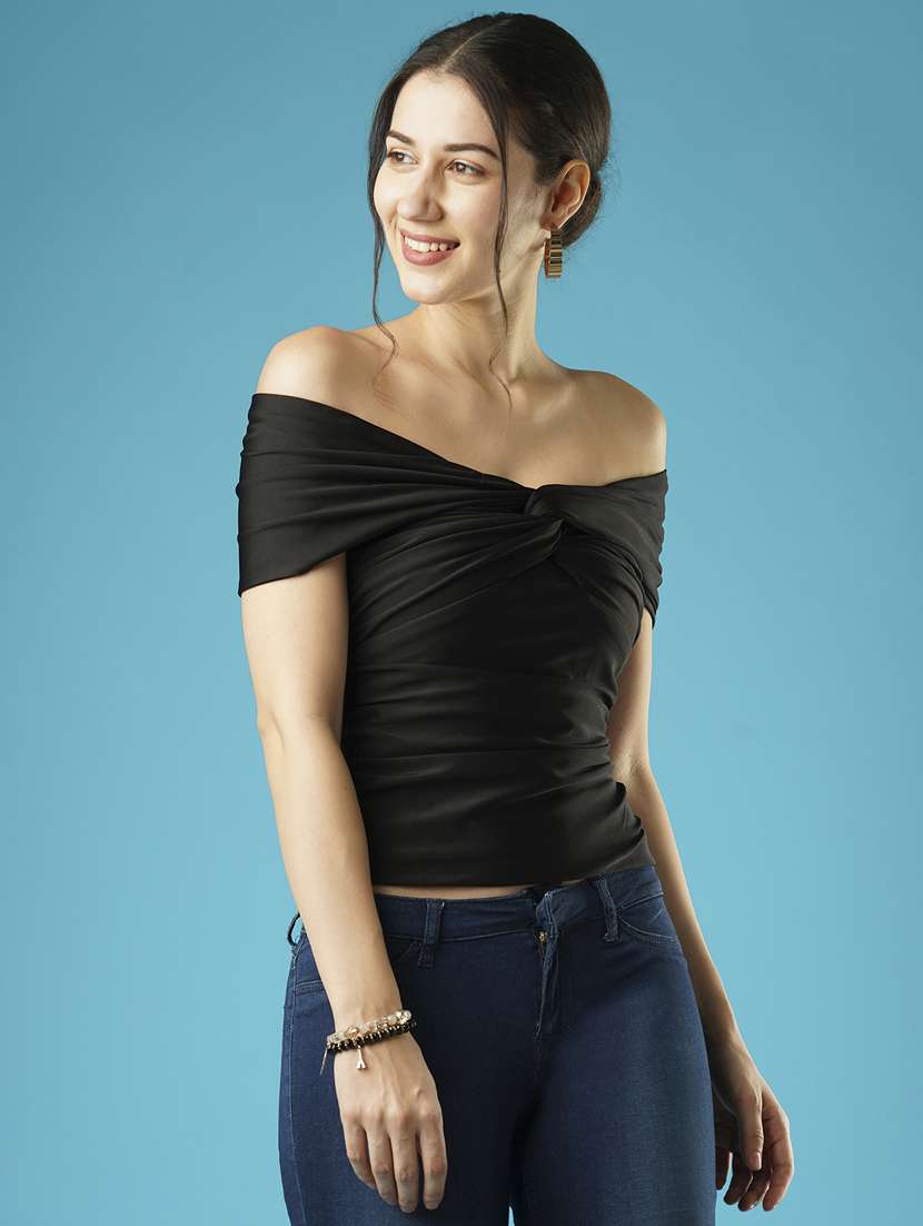globus women solid black off-shoulder twisted neck drop shoulder party top - 21379004 -  Standard Image - 2
