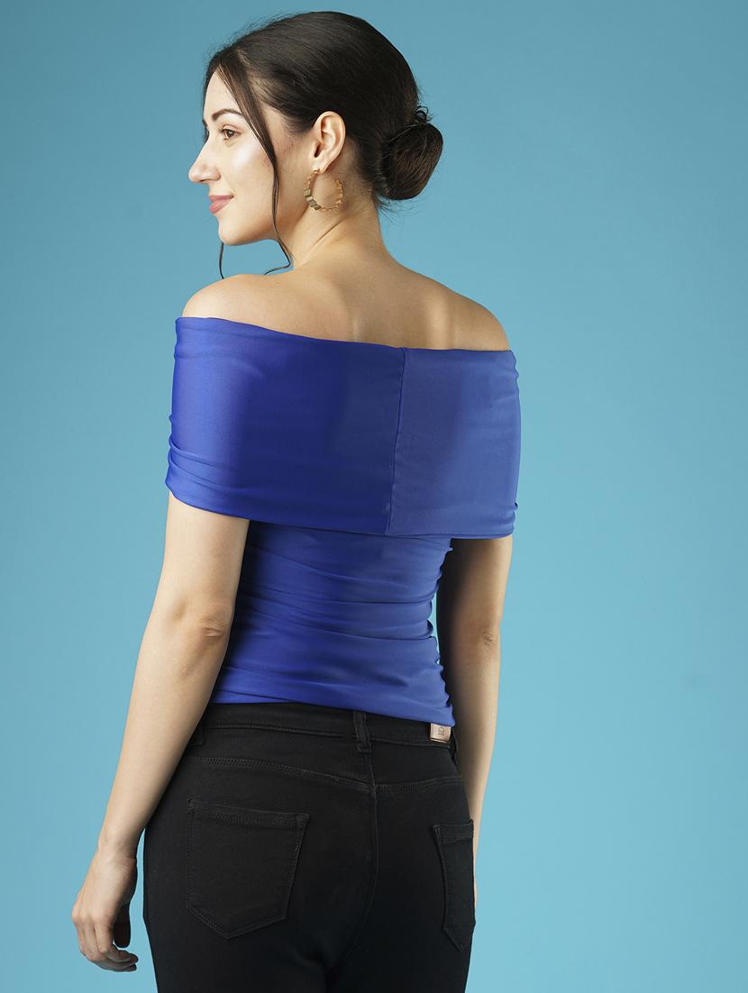 globus women solid blue off-shoulder twisted neck drop shoulder party top - 21379005 - Standard Image - 2