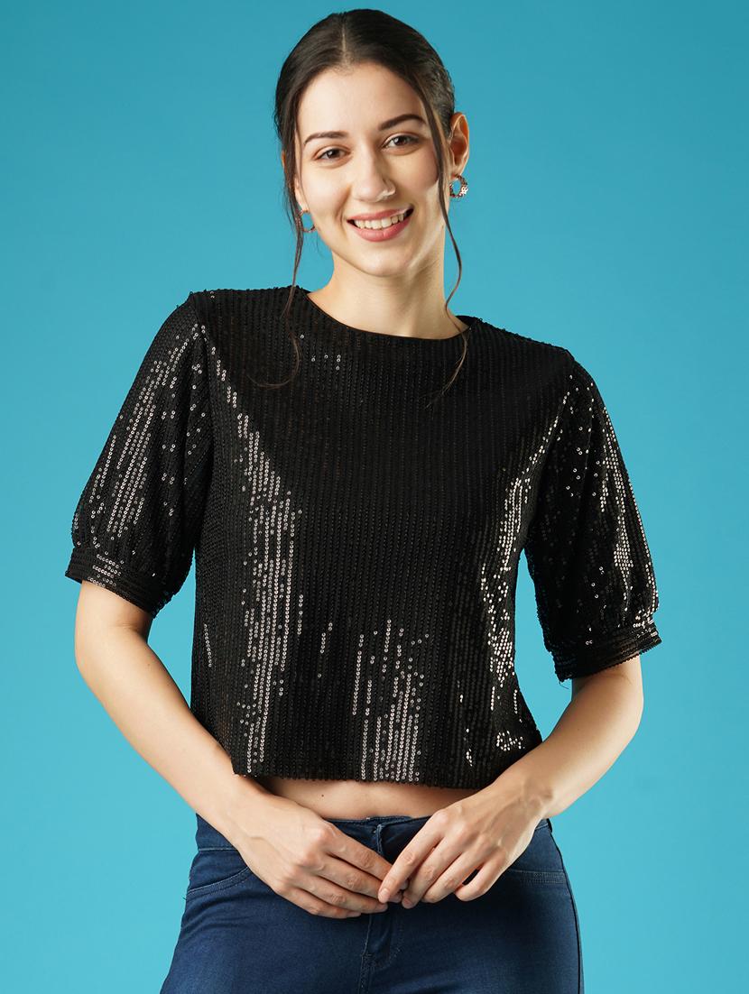 globus women black sequined striped puff sleeves party top - 21379009 - Zoom Image - 0