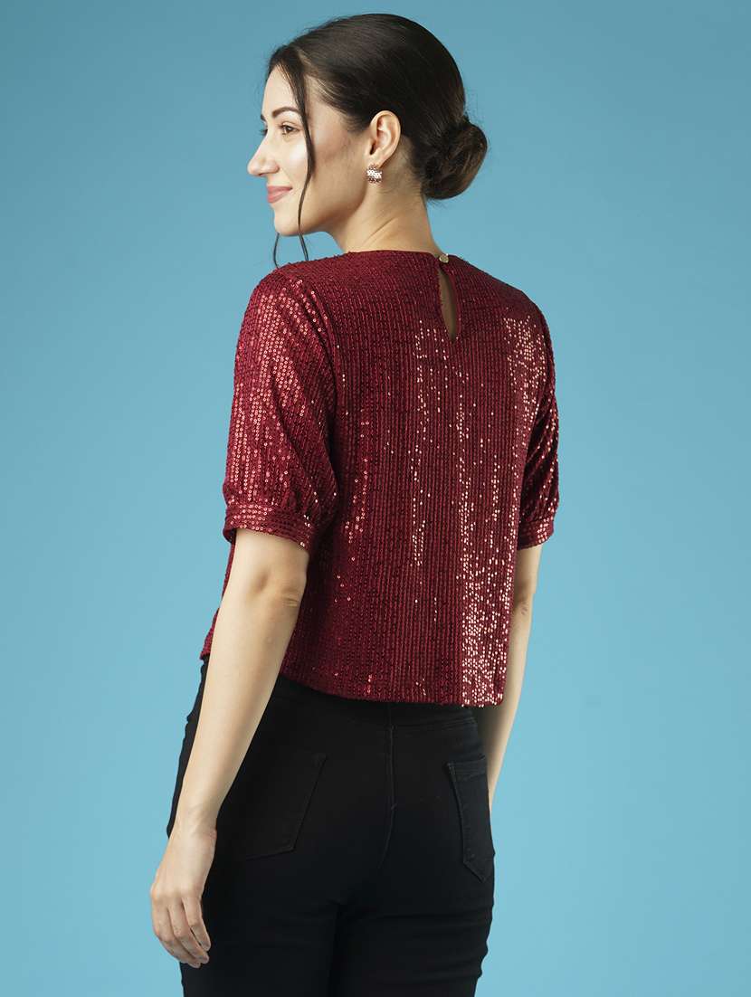 globus women maroon sequined striped puff slevee party top - 21379010 -  Standard Image - 2