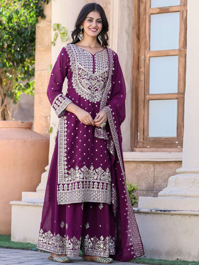women embroidered three quarter sleeve kurta sharara set - 21381136 -  Standard Image - 2