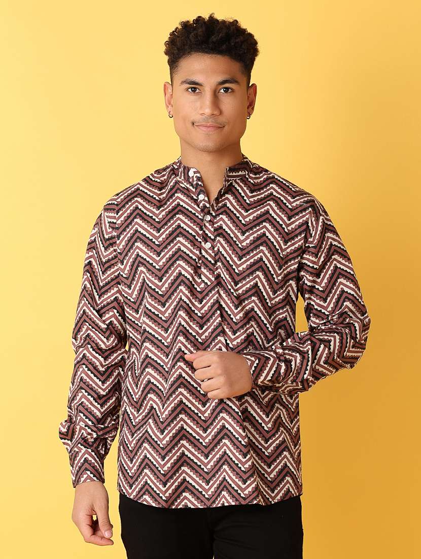 men mandarin neck printed short kurta