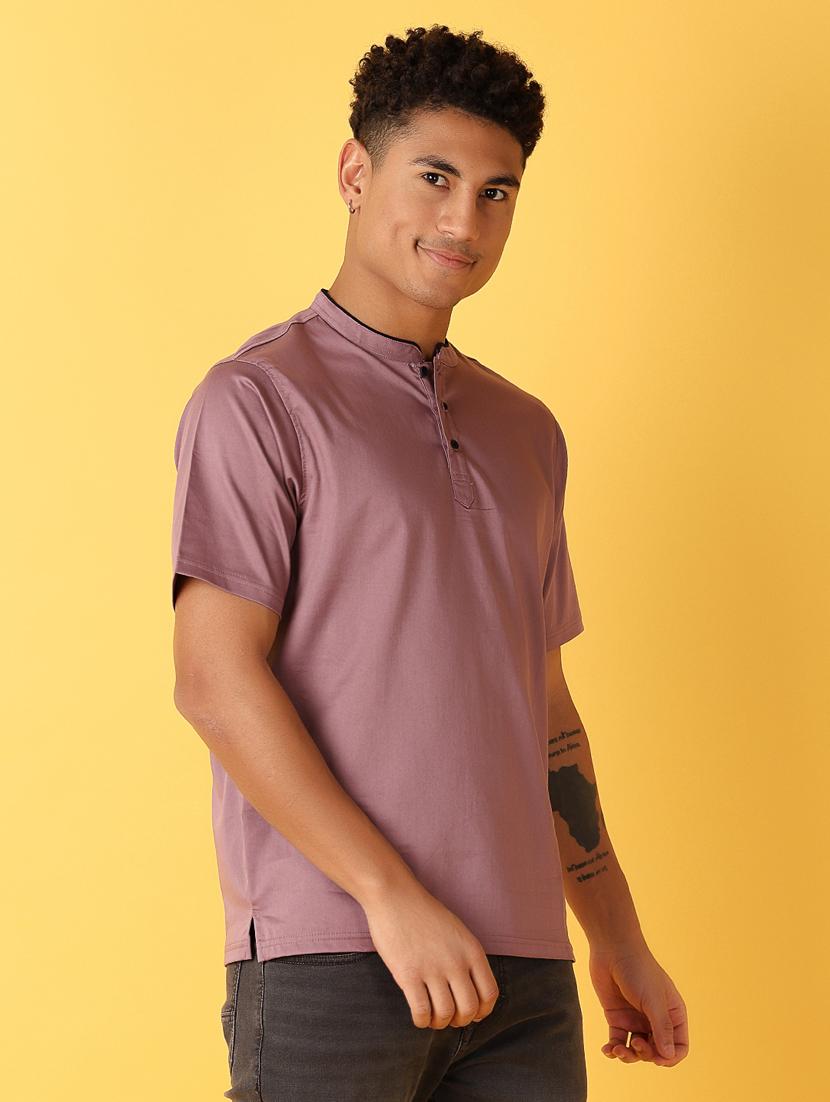 men mauve regular fit plain mandarin neck t-shirt - 21381899 - Standard Image - 2
