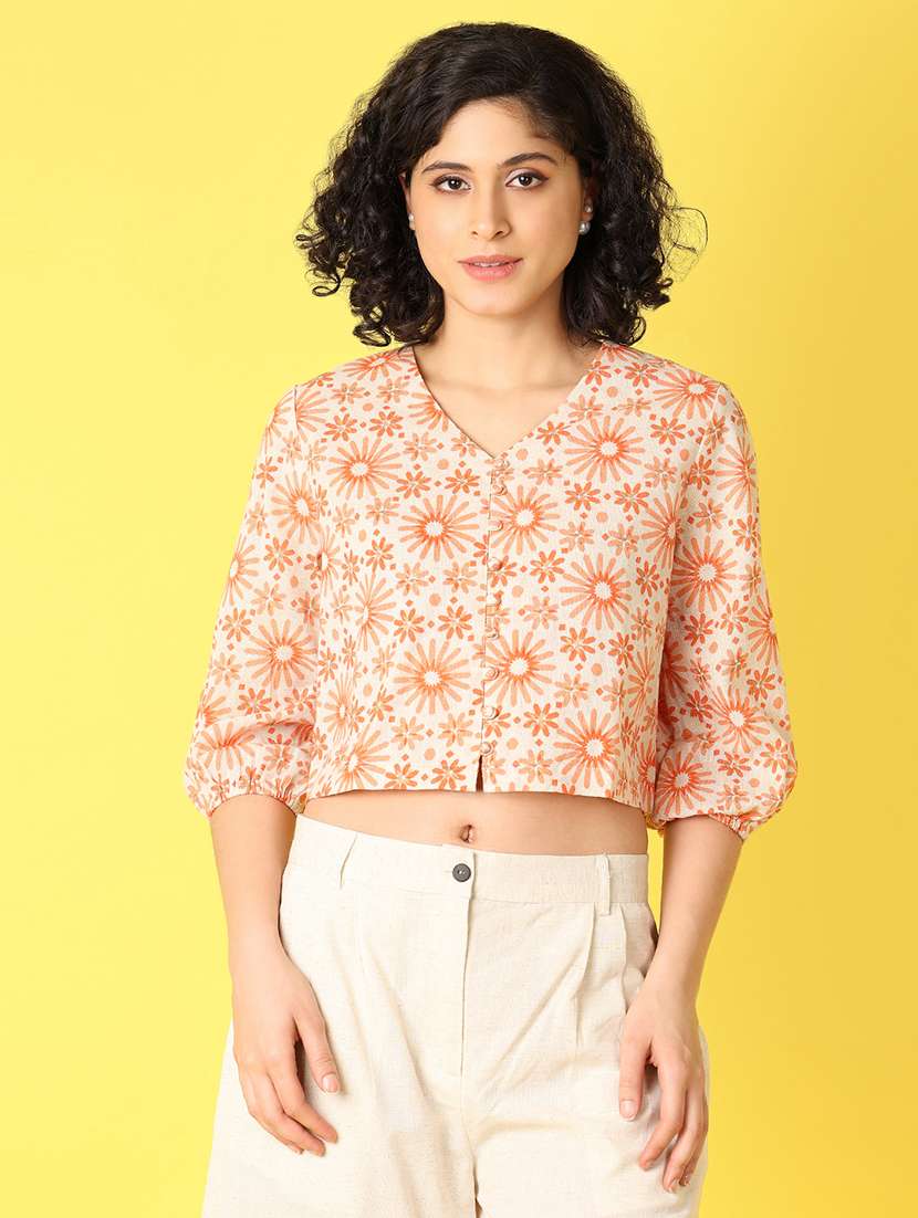 women orange florals printed crop top