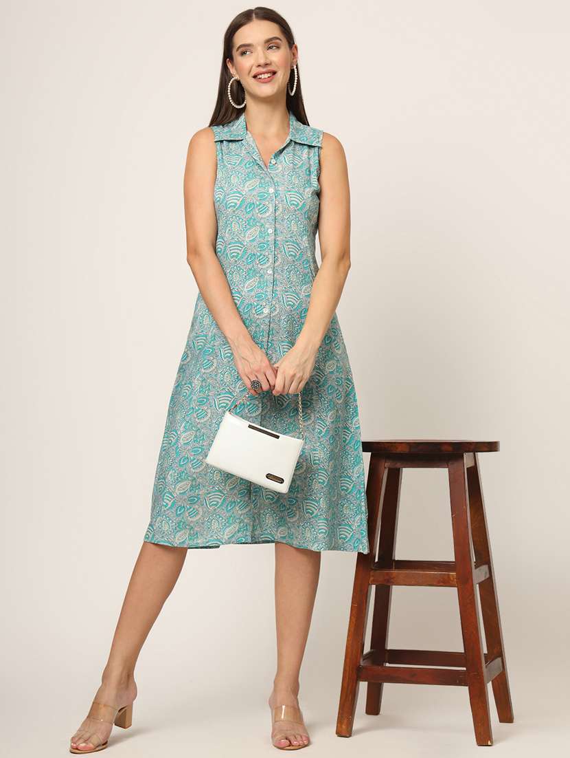 women light blue printed a-line ethnic dress
