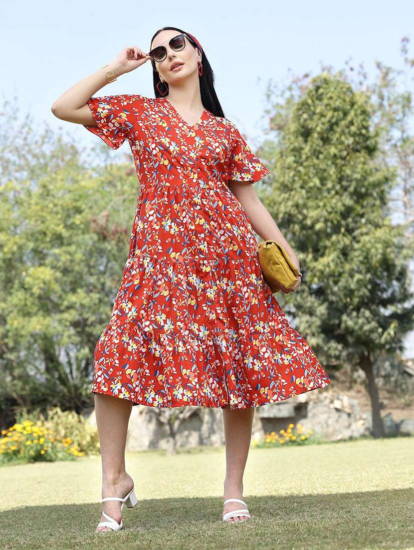 orange printed fit & flare dress