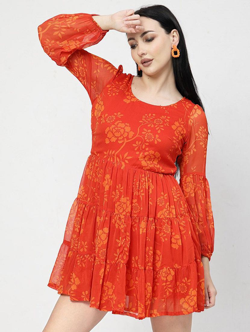orange printed fit & flare dress - 21382466 - Standard Image - 2