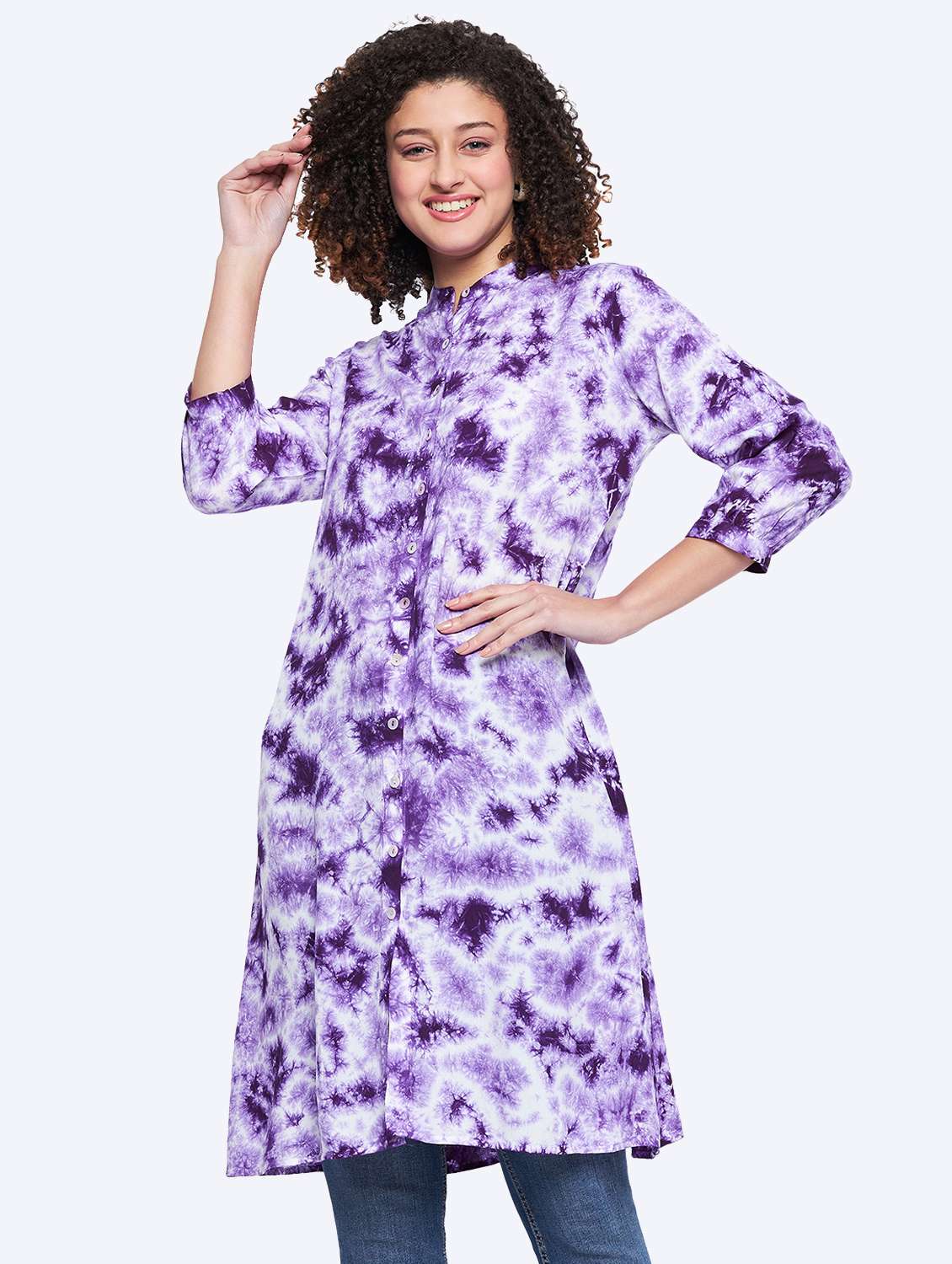 women purple mandarin neck a-line tunic