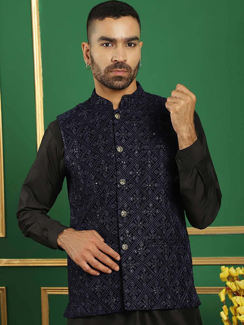 men mandarin neck embroidered nehru jacket