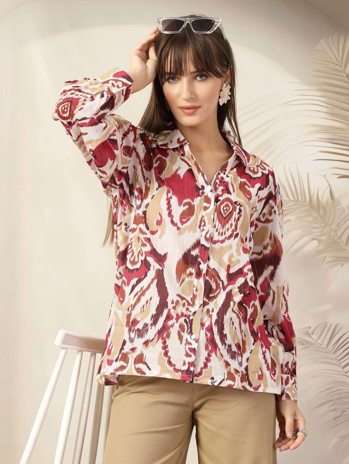 women printed collared puff sleeves relaxed fit shirt - 21382573 - Standard Image - 2