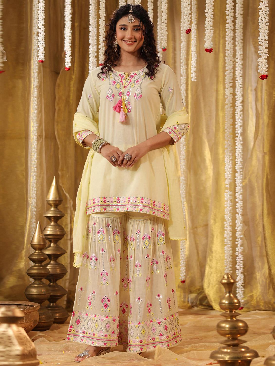 women yellow embroidered kurta sharara set - 21382601 - Zoom Image - 0