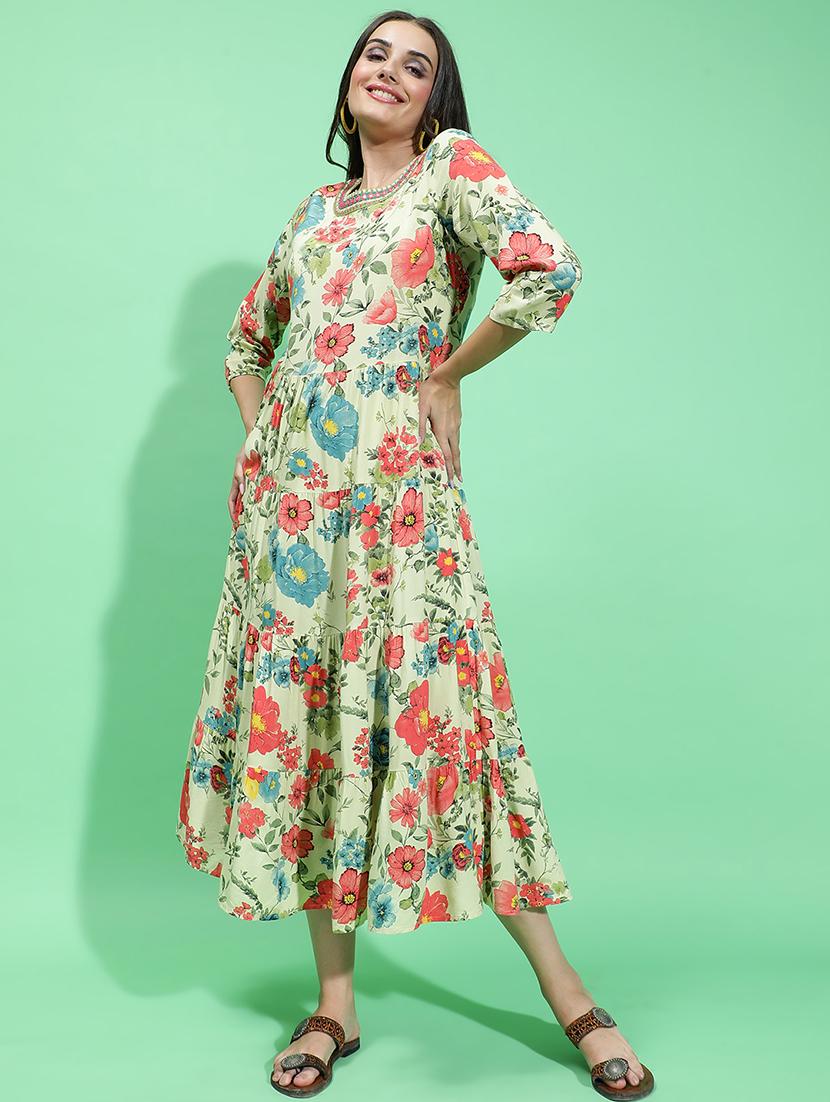 green floral printed fit & flare dress - 21382639 - Standard Image - 2