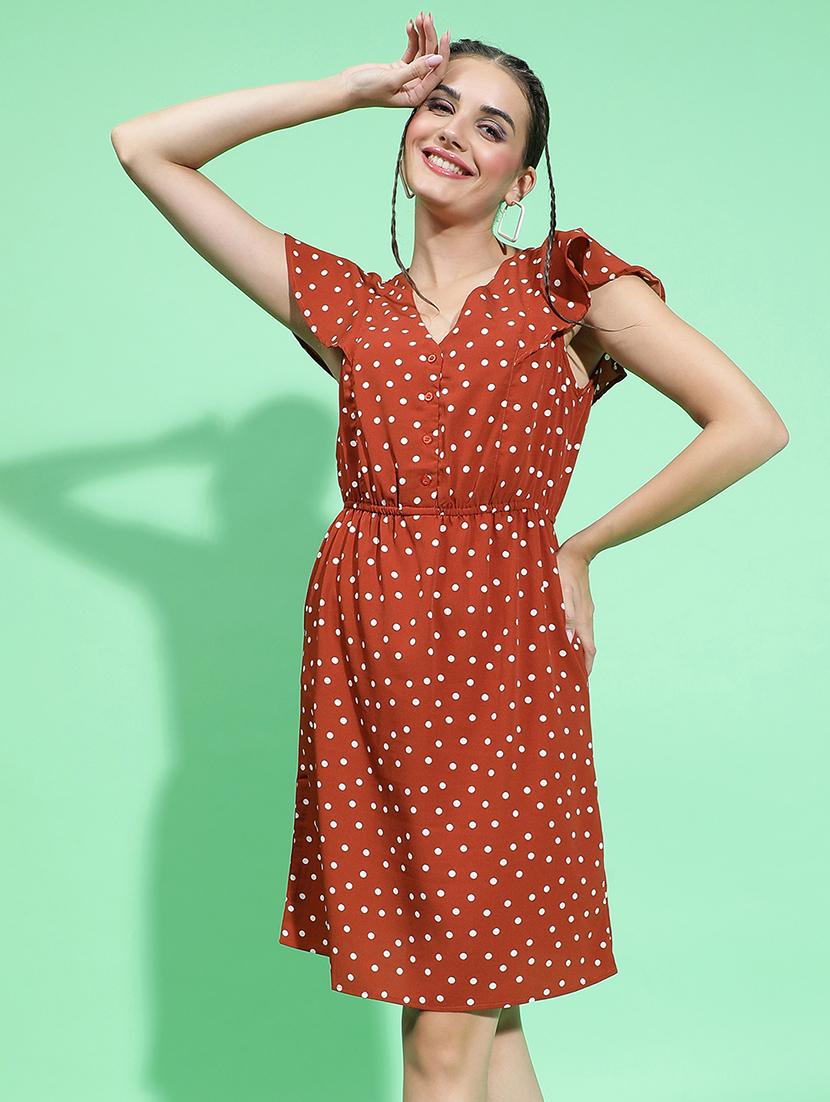 brown polka dot fit & flare dress - 21382641 - Standard Image - 2
