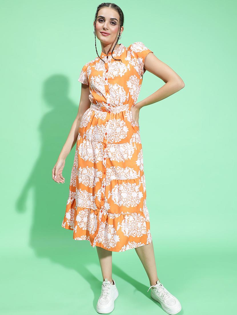 orange floral printed fit & flare dress - 21382651 - Standard Image - 2