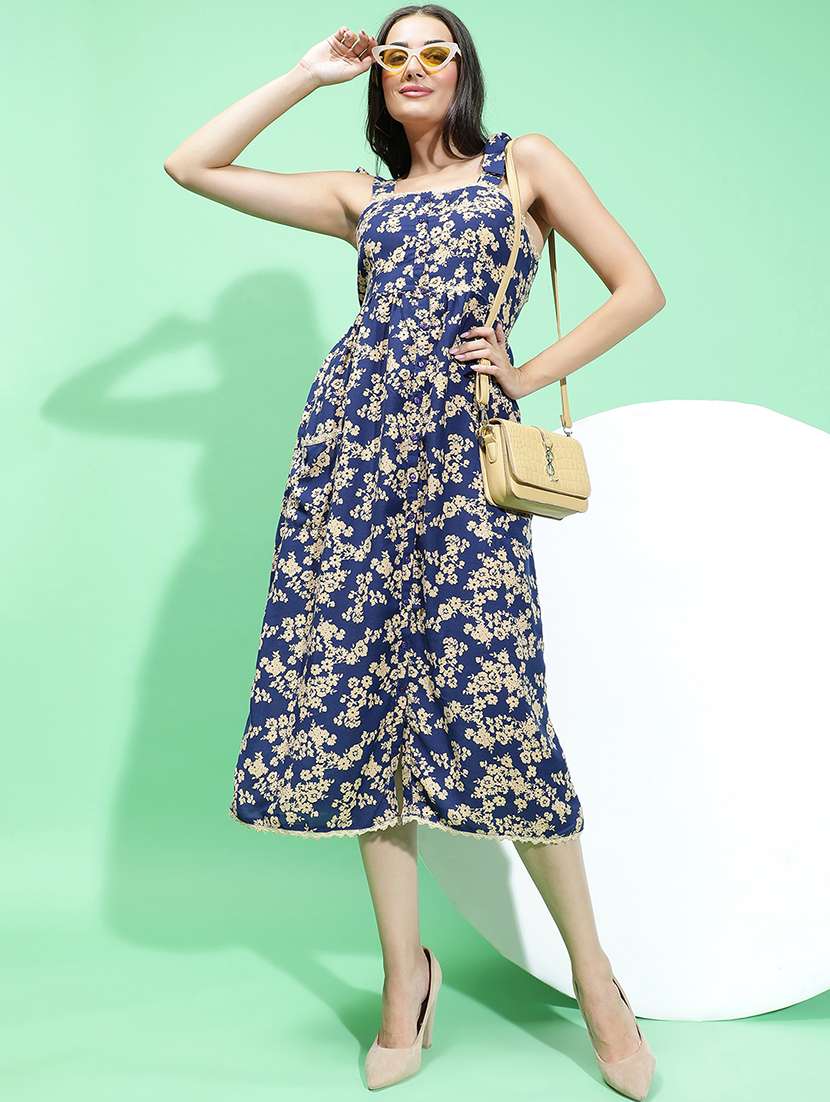 women navy blue viscose a-line dress
