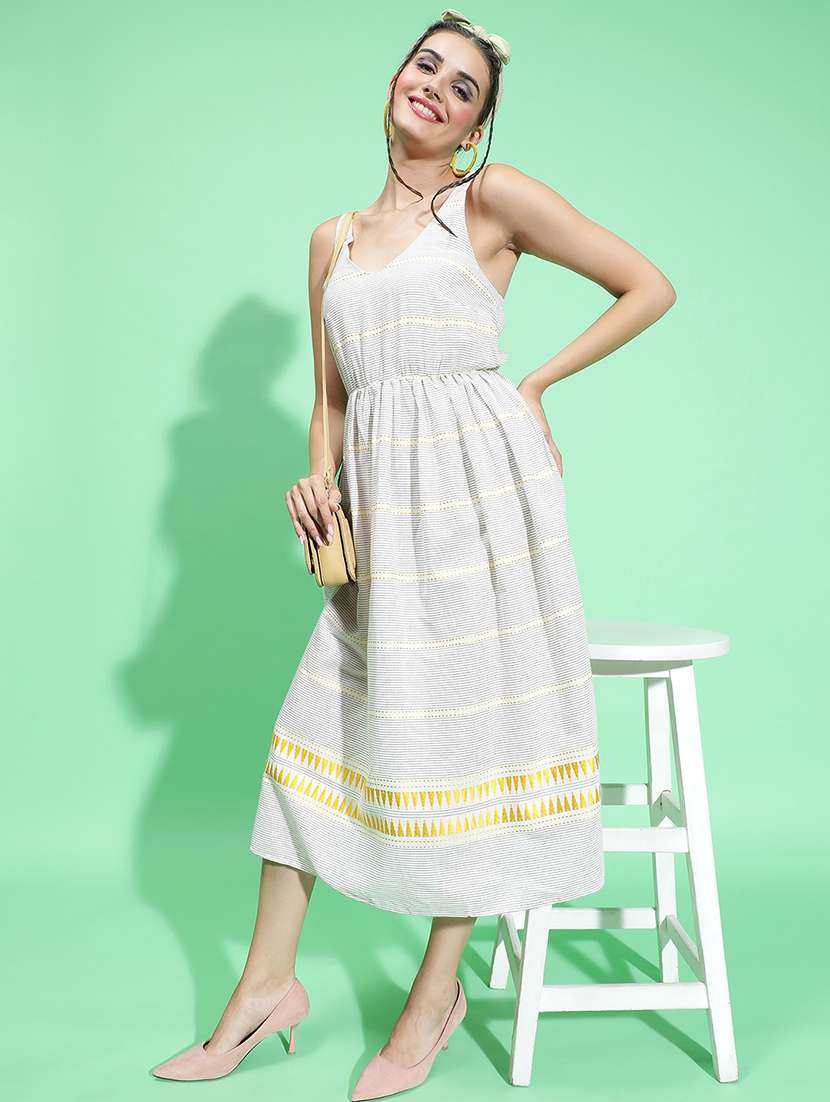 women cream cotton fit & flare dress
