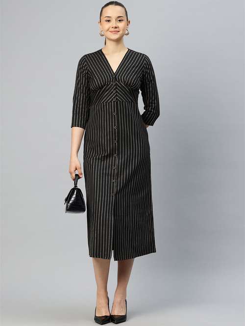 women black stripes printed a-line dress - 21382670 -  Standard Image - 0