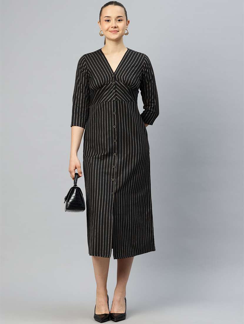 women black stripes printed a-line dress - 21382670 -  Zoom Image - 0