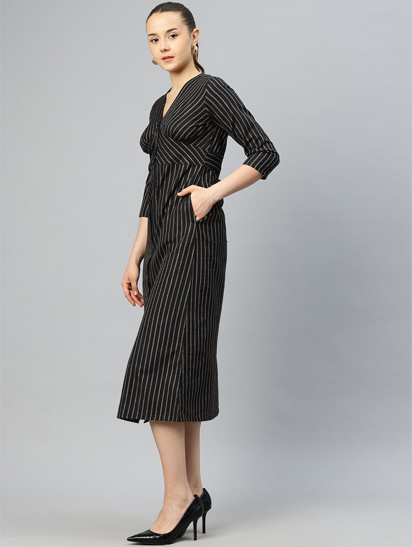 women black stripes printed a-line dress - 21382670 - Standard Image - 2