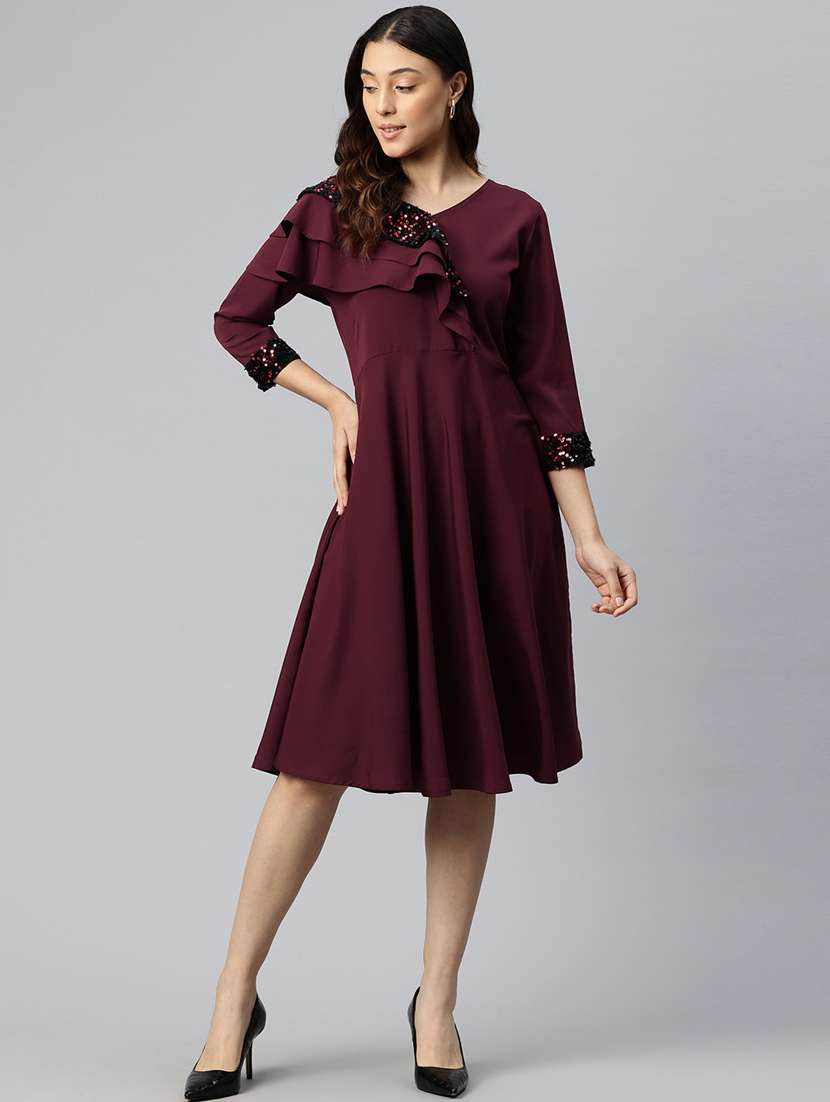 women burgundy solid ruffled dress with sequins
