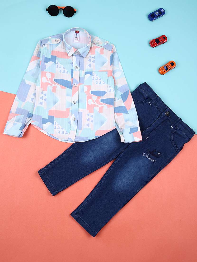 boys printed long sleeves shirt & jeans set
