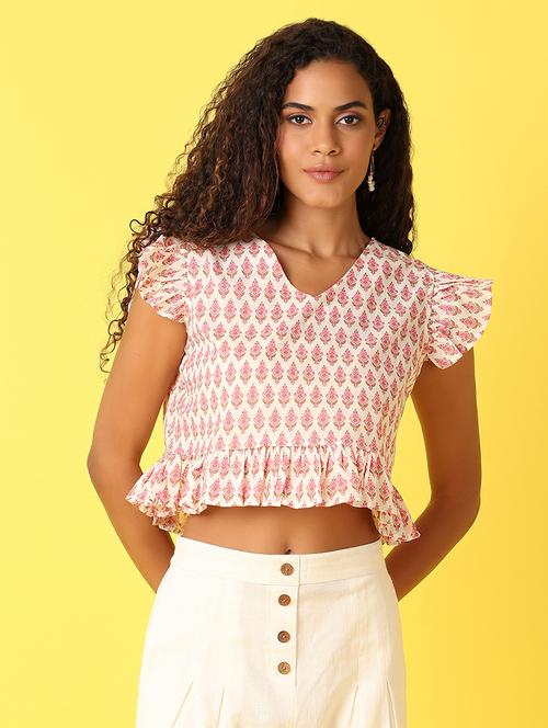 women printed flute sleeves crop top - 21382810 - Standard Image - 0