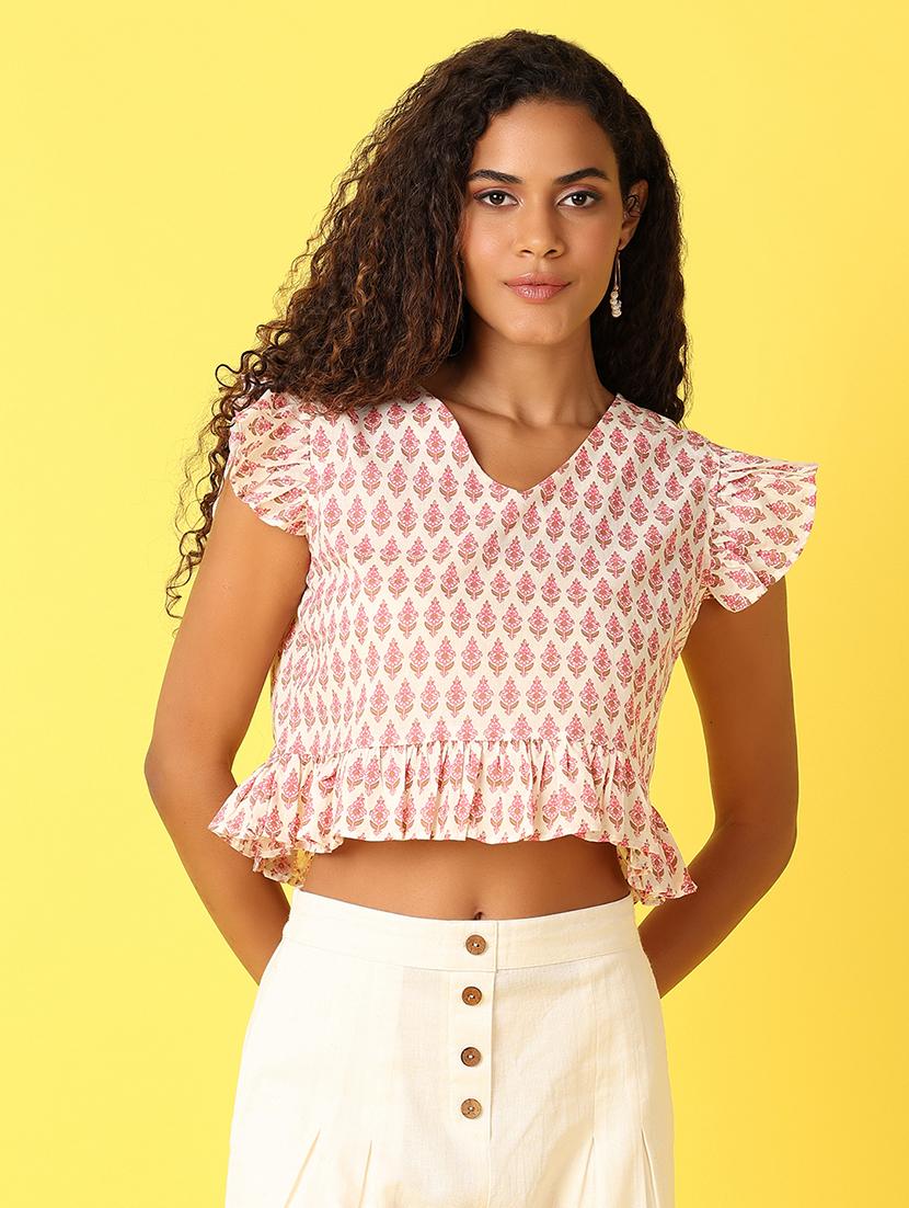 women printed flute sleeves crop top - 21382810 - Zoom Image - 0