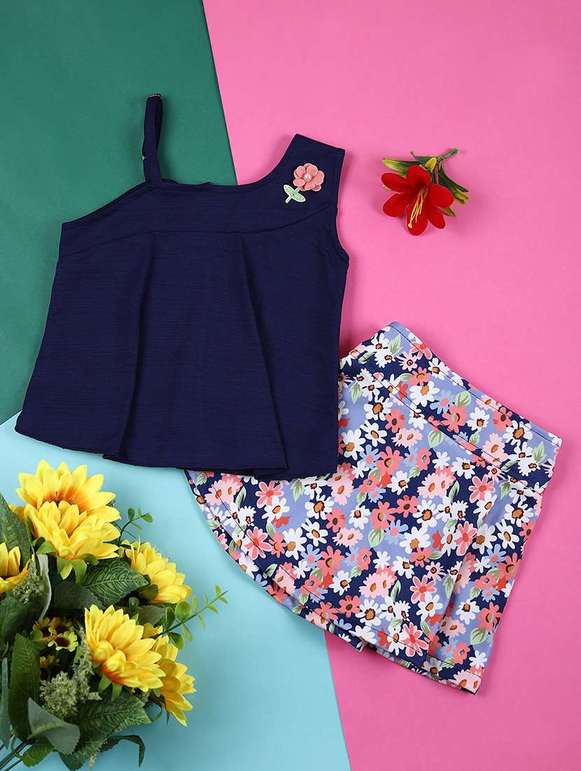 girls navy blue cotton top & skirt set