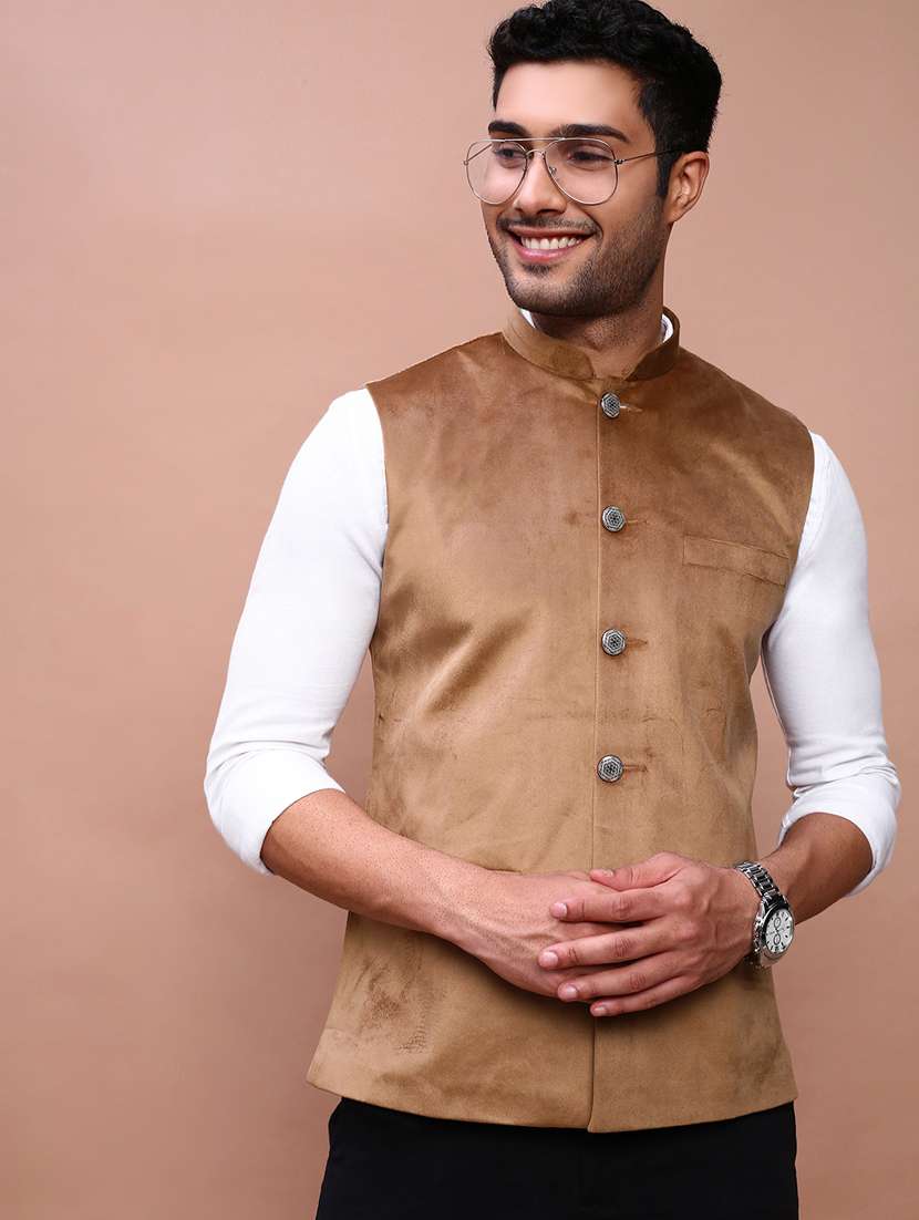 men mandarin neck solid nehru jacket - 21383263 -  Standard Image - 2