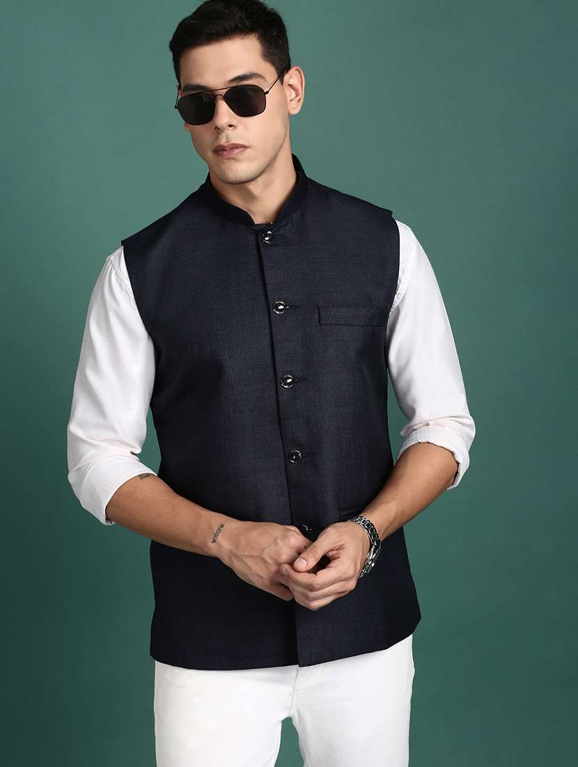 navy blue solid cotton nehru jacket - 21383270 -  Standard Image - 2