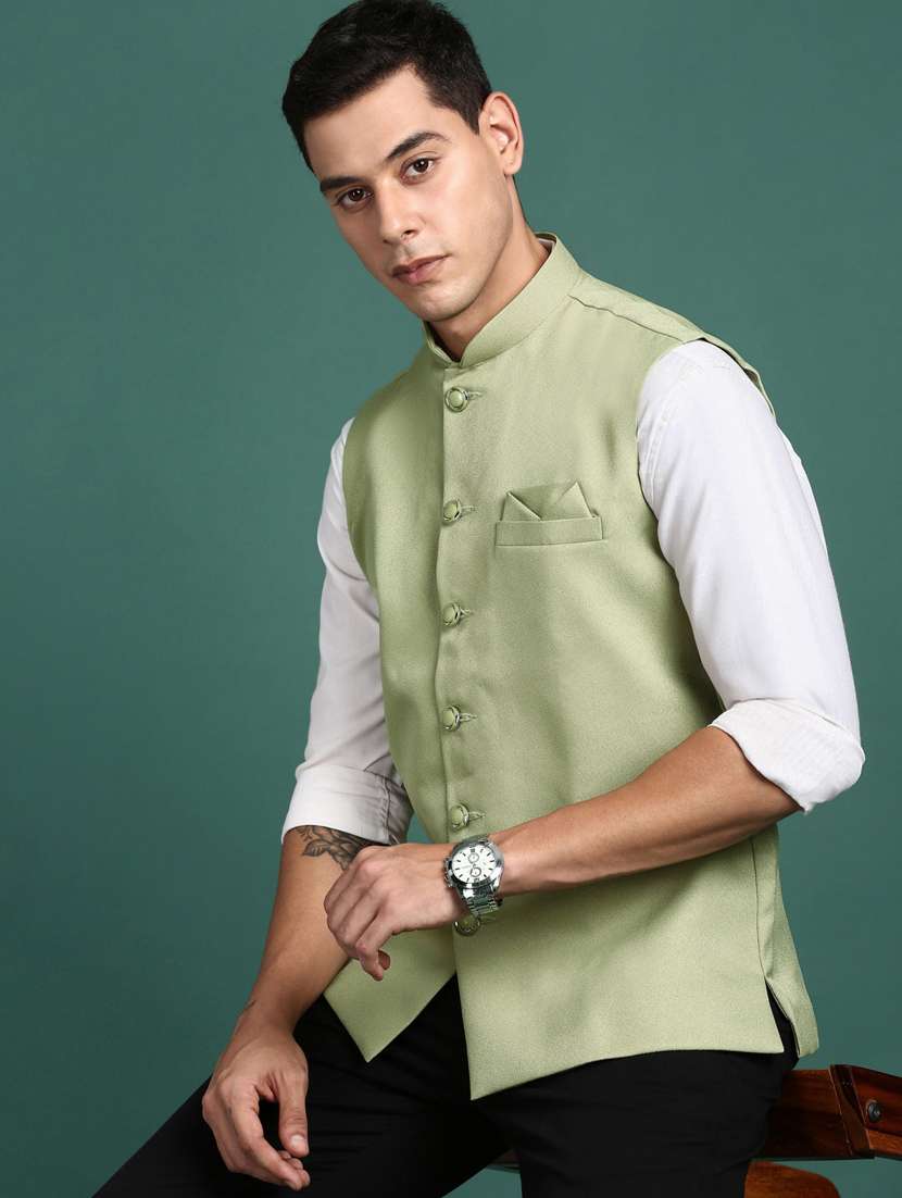 men mandarin neck solid nehru jacket - 21383278 -  Standard Image - 2