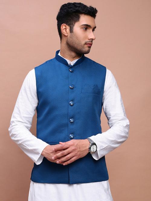 turquoise solid cotton nehru jacket - 21383280 -  Standard Image - 0