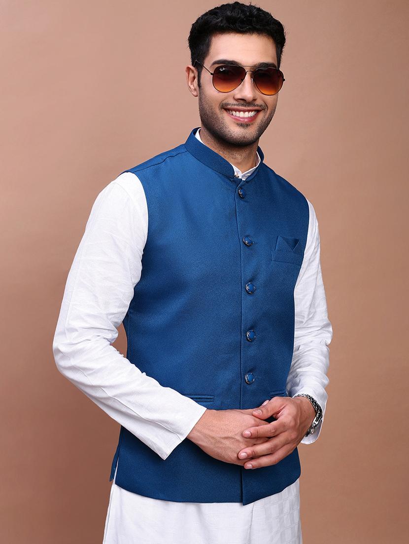 turquoise solid cotton nehru jacket - 21383280 - Standard Image - 2