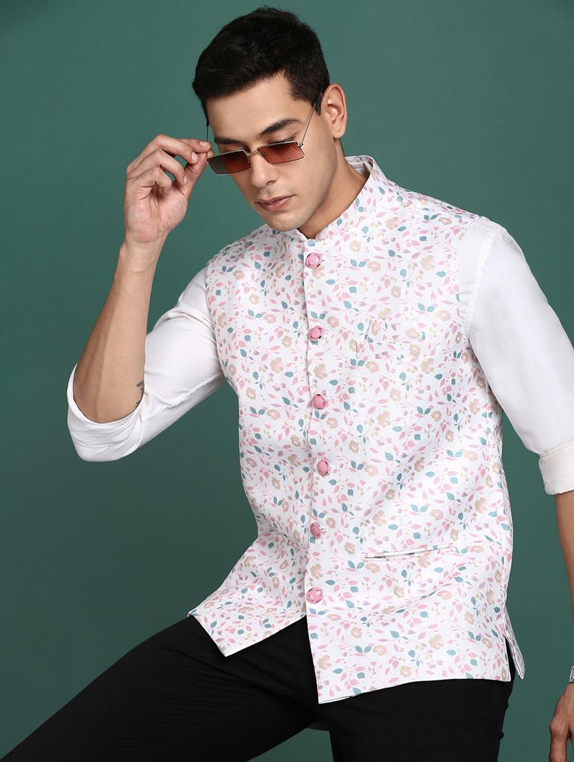off white printed cotton nehru jacket - 21383282 - Standard Image - 2