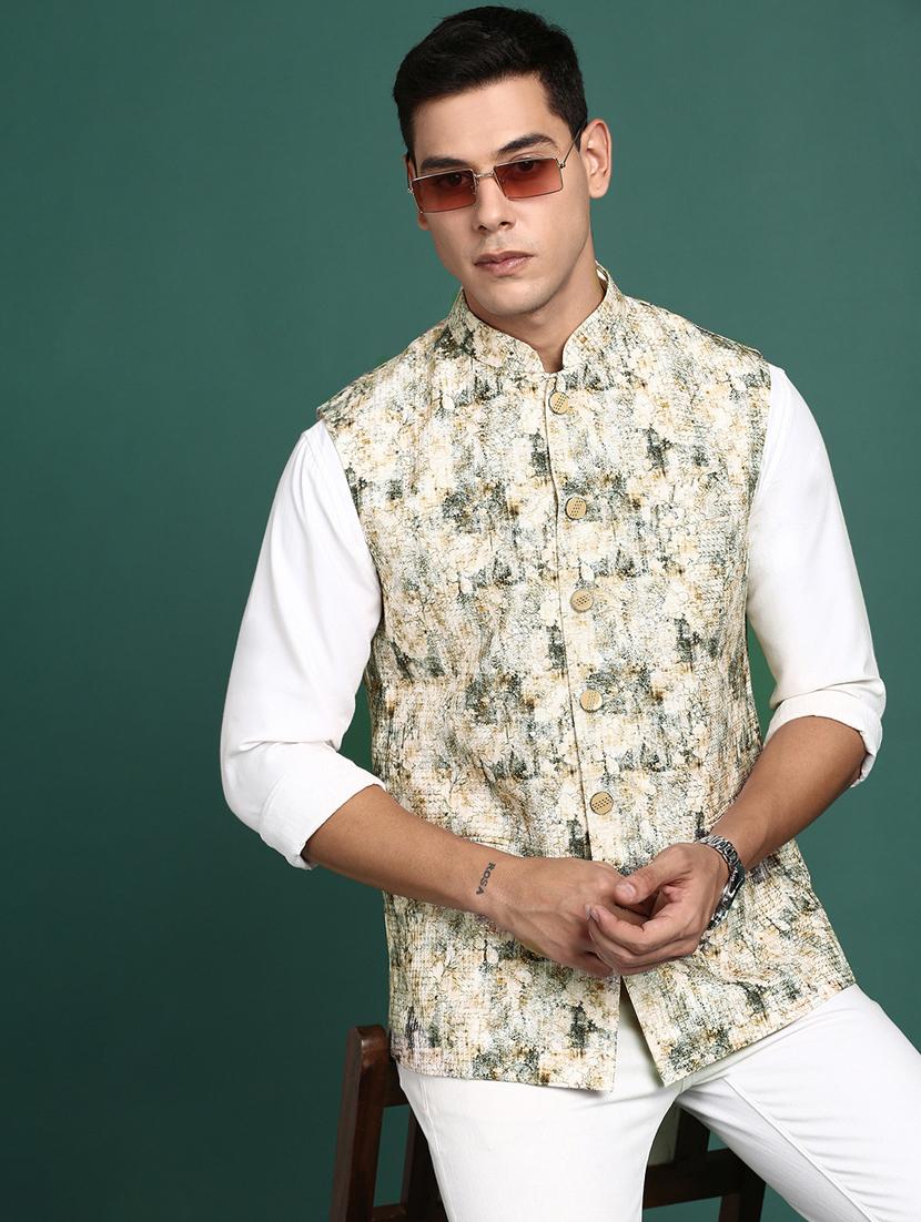 cream cotton blend nehru jacket - 21383290 - Standard Image - 2