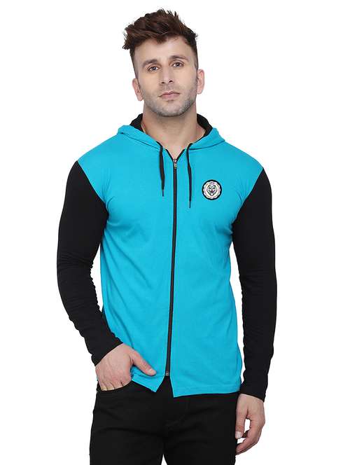 Men Color Block Hooded Cotton T Shirt