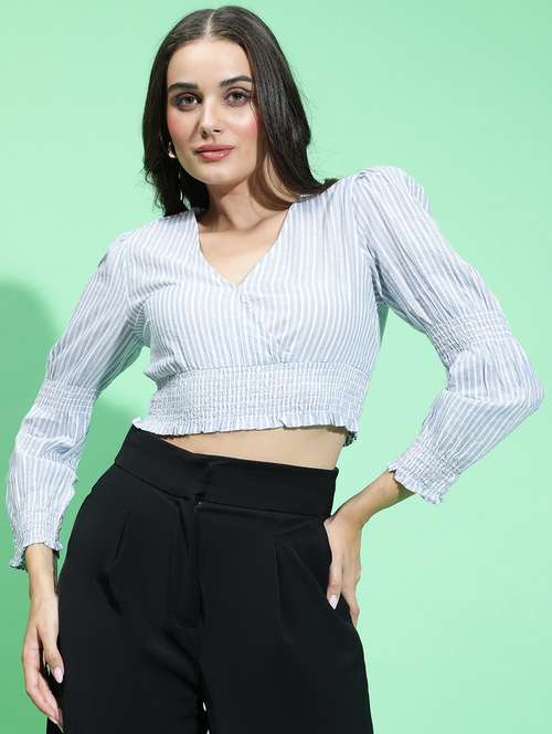 women purist blue stripe printed crop top - 21384989 - Standard Image - 0