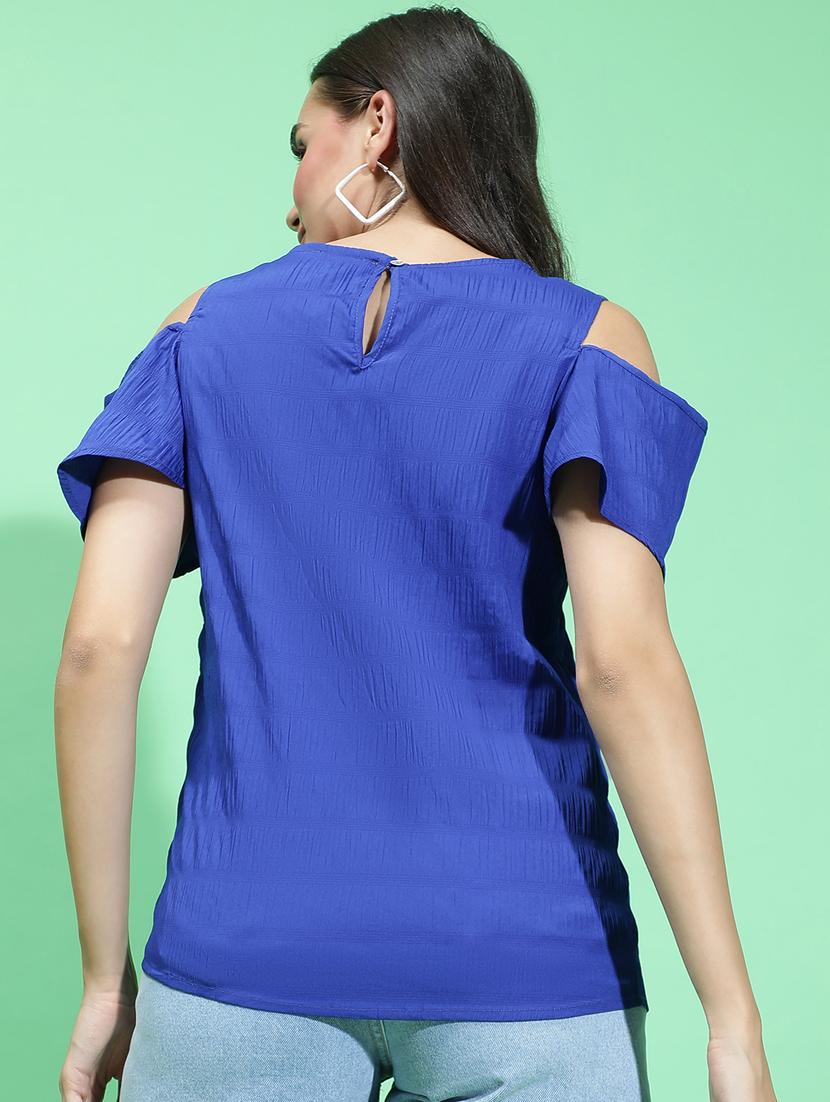 women blue solids cold shoulder sleeves top - 21384995 - Standard Image - 2