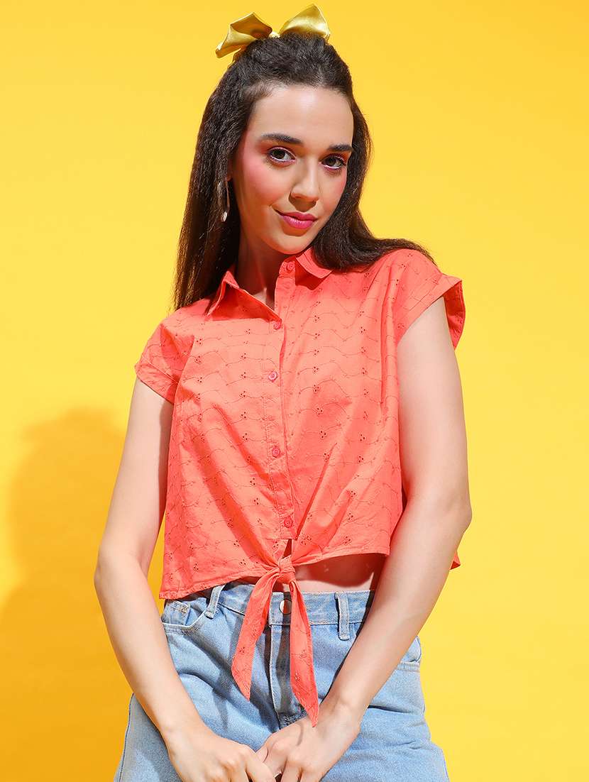 women schiffli deatiled collared crop shirt - 21385017 - Zoom Image - 0
