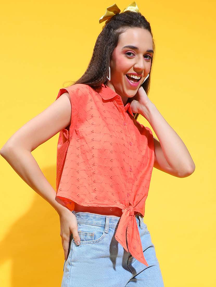 women schiffli deatiled collared crop shirt - 21385017 - Standard Image - 2