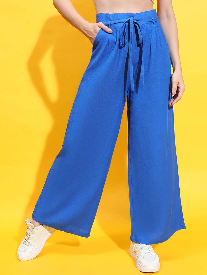 women blue linen wide leg trouser