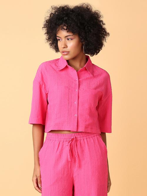 women pink solid short sleeve crop shirt - 21385474 - Standard Image - 0