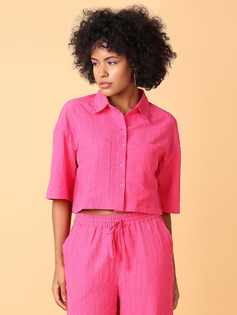 women pink solid short sleeve crop shirt - 21385474 - Zoom Image - 0