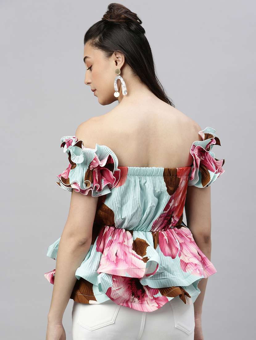 turquoise floral printed peplum top - 21387393 -  Standard Image - 2