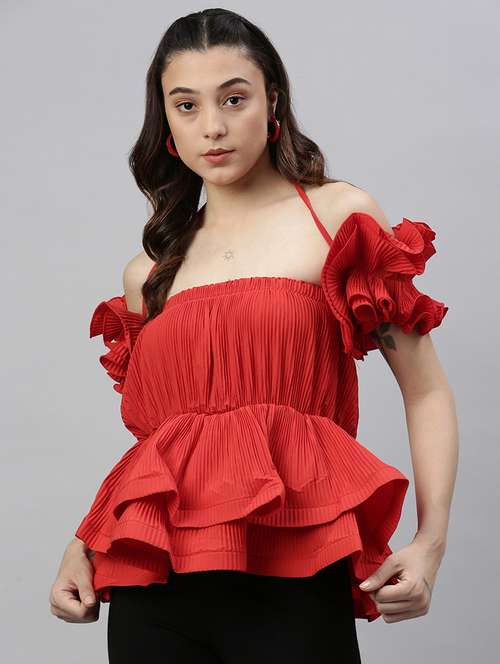 red solid peplum top - 21387395 -  Standard Image - 0