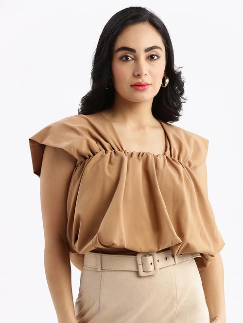 brown solid blouson top - 21387437 -  Standard Image - 0