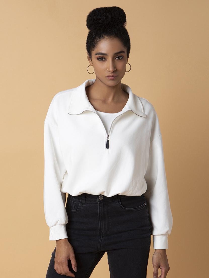 women solid collared long sleeve crop pullover - 21387443 - Zoom Image - 0